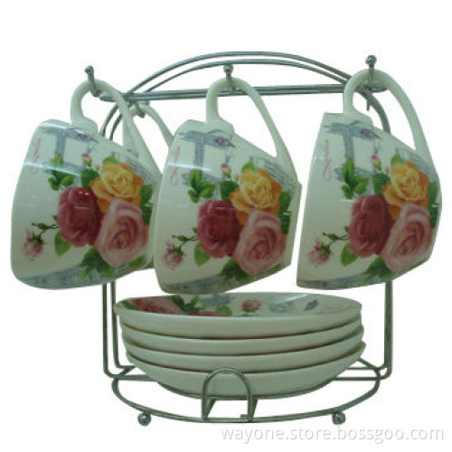 220cc Rose Motif Tea Cup and Saucer Set with Metal Stand, Ideal for Gifts and Promotional Purpose